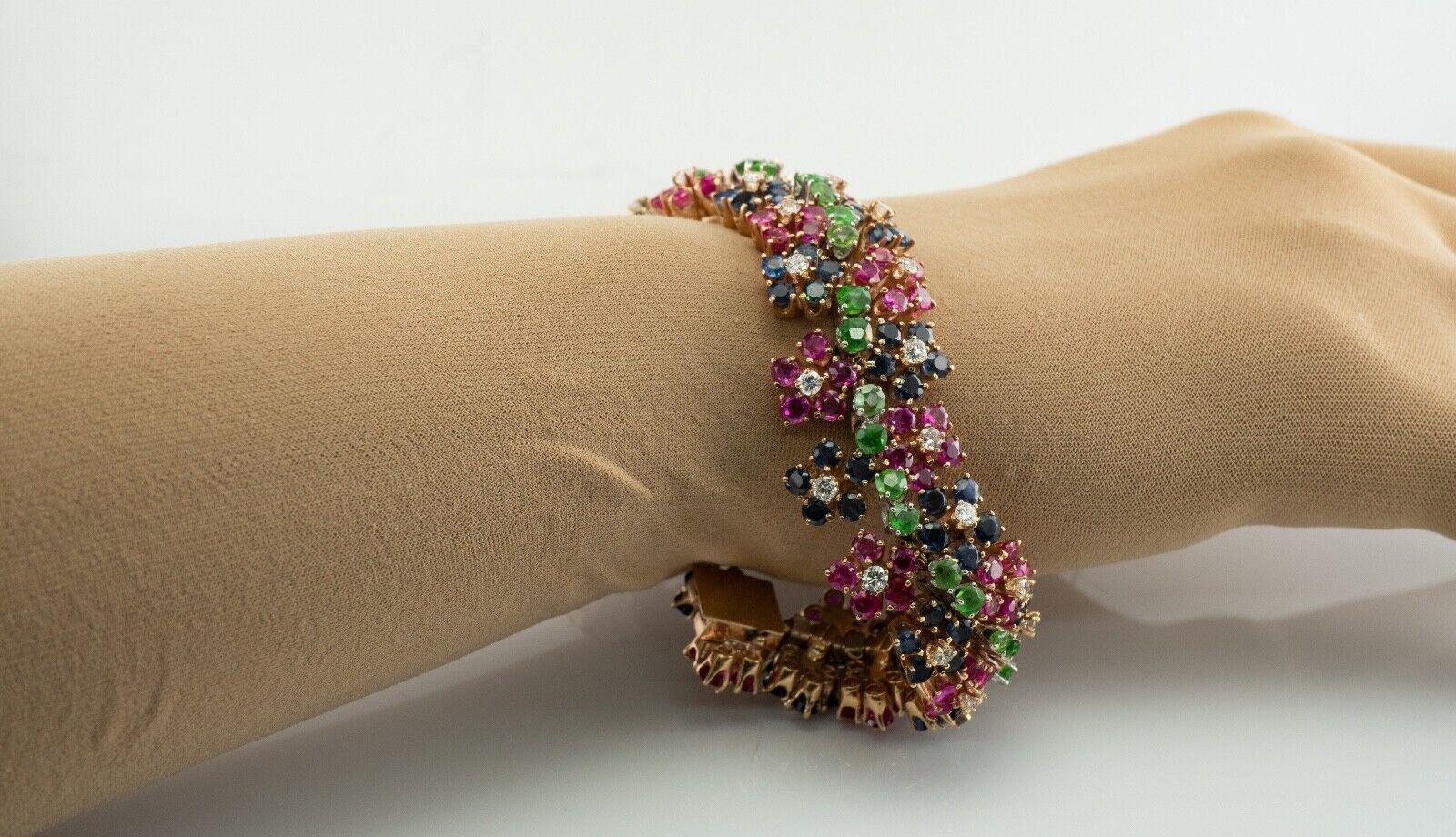 Diamond Ruby Sapphire Peridot Bracelet 14K Gold Flower For Sale 3