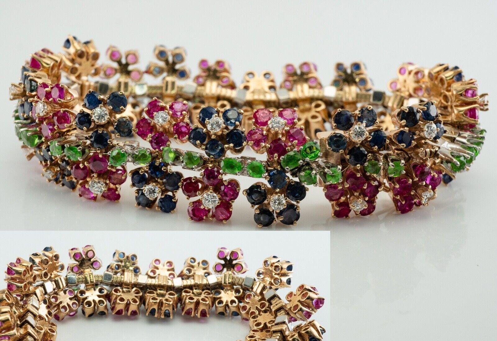 Round Cut Diamond Ruby Sapphire Peridot Bracelet 14K Gold Flower For Sale