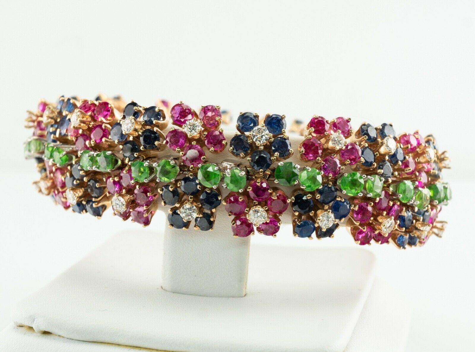 Diamond Ruby Sapphire Peridot Bracelet 14K Gold Flower For Sale 1