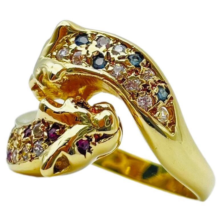 Aesthetic Movement Vintage Diamond Ruby Sapphire  Ring battle of panthers 18k gold  For Sale