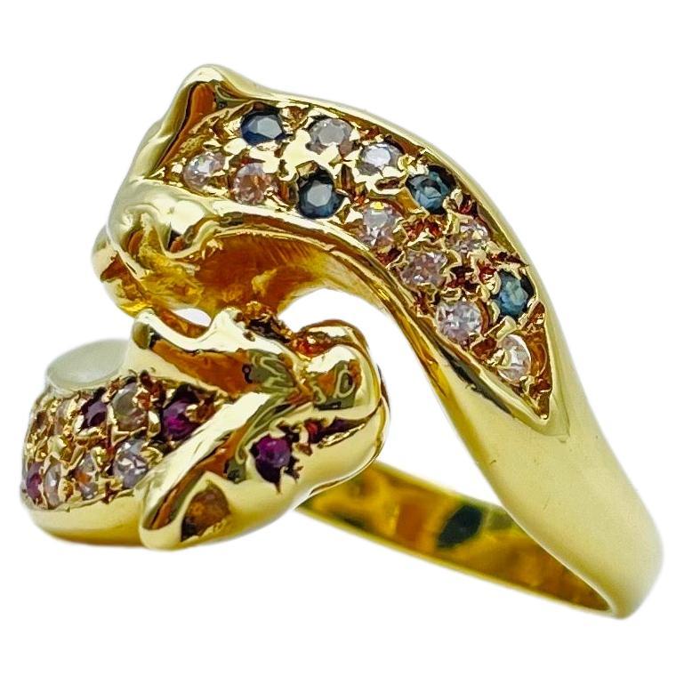 Brilliant Cut Vintage Diamond Ruby Sapphire  Ring battle of panthers 18k gold  For Sale