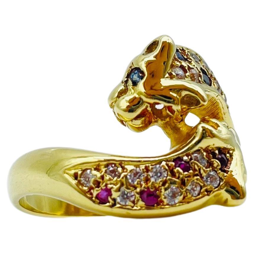 Women's or Men's Vintage Diamond Ruby Sapphire  Ring battle of panthers 18k gold  For Sale