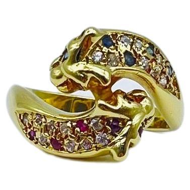 Vintage Diamond Ruby Sapphire  Ring battle of panthers 18k gold  For Sale 1