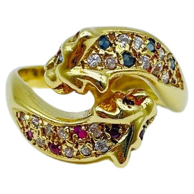 Vintage Diamond Ruby Sapphire  Ring battle of panthers 18k gold  For Sale 2