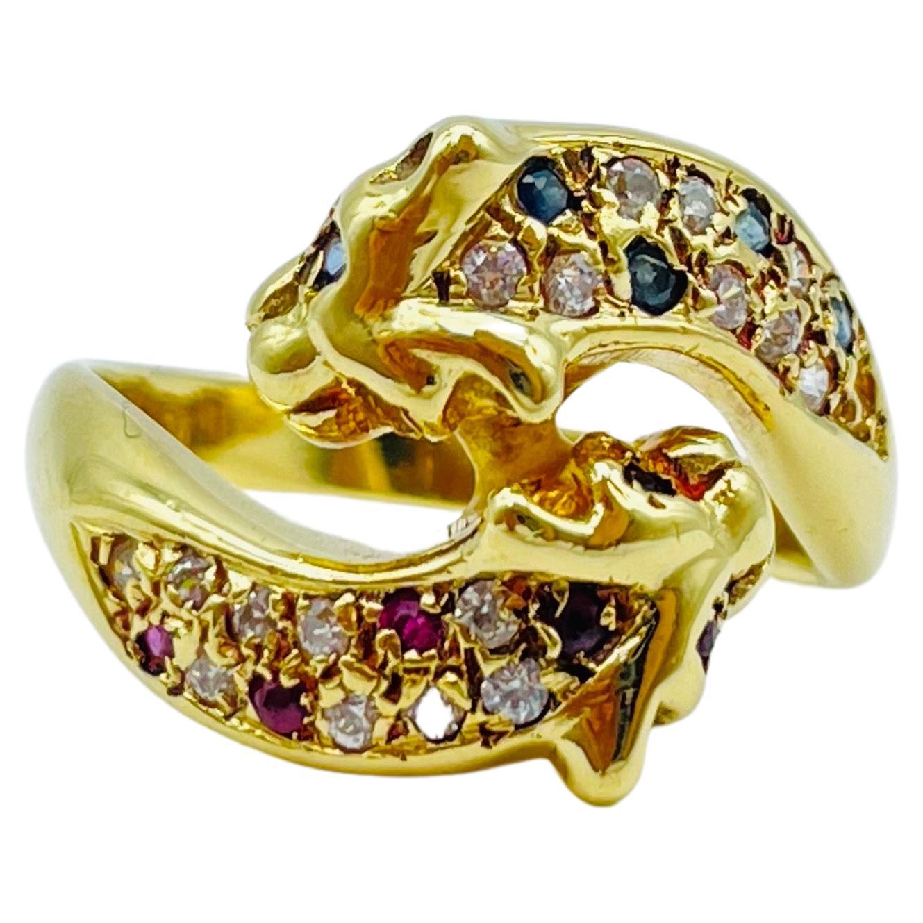 Vintage Diamond Ruby Sapphire  Ring battle of panthers 18k gold 