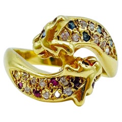 Vintage Diamond Ruby Sapphire  Ring battle of panthers 18k gold 