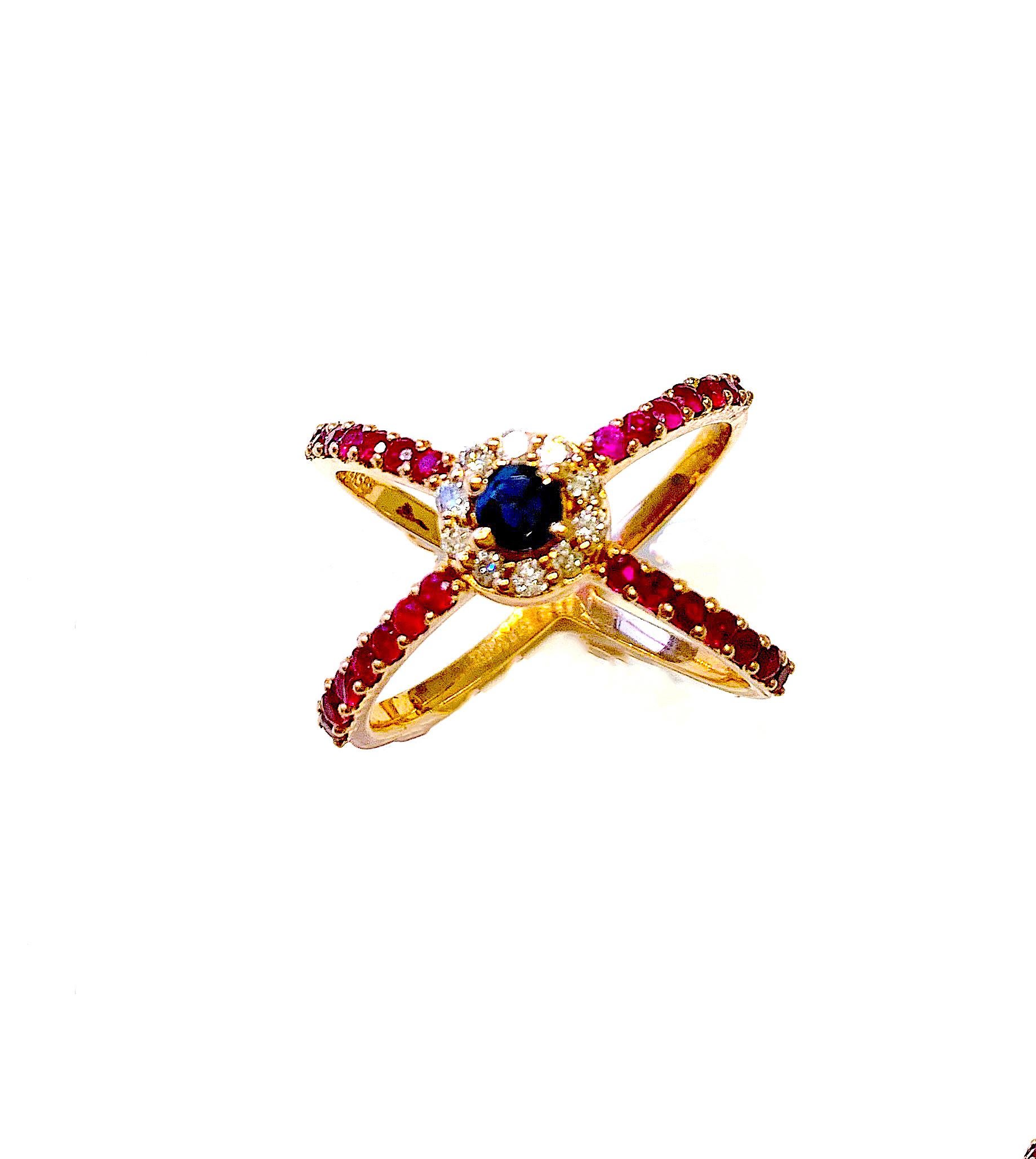 Modern Diamond, Ruby and Sapphire Statement Ring in 14 Karat Rose Gold For Sale