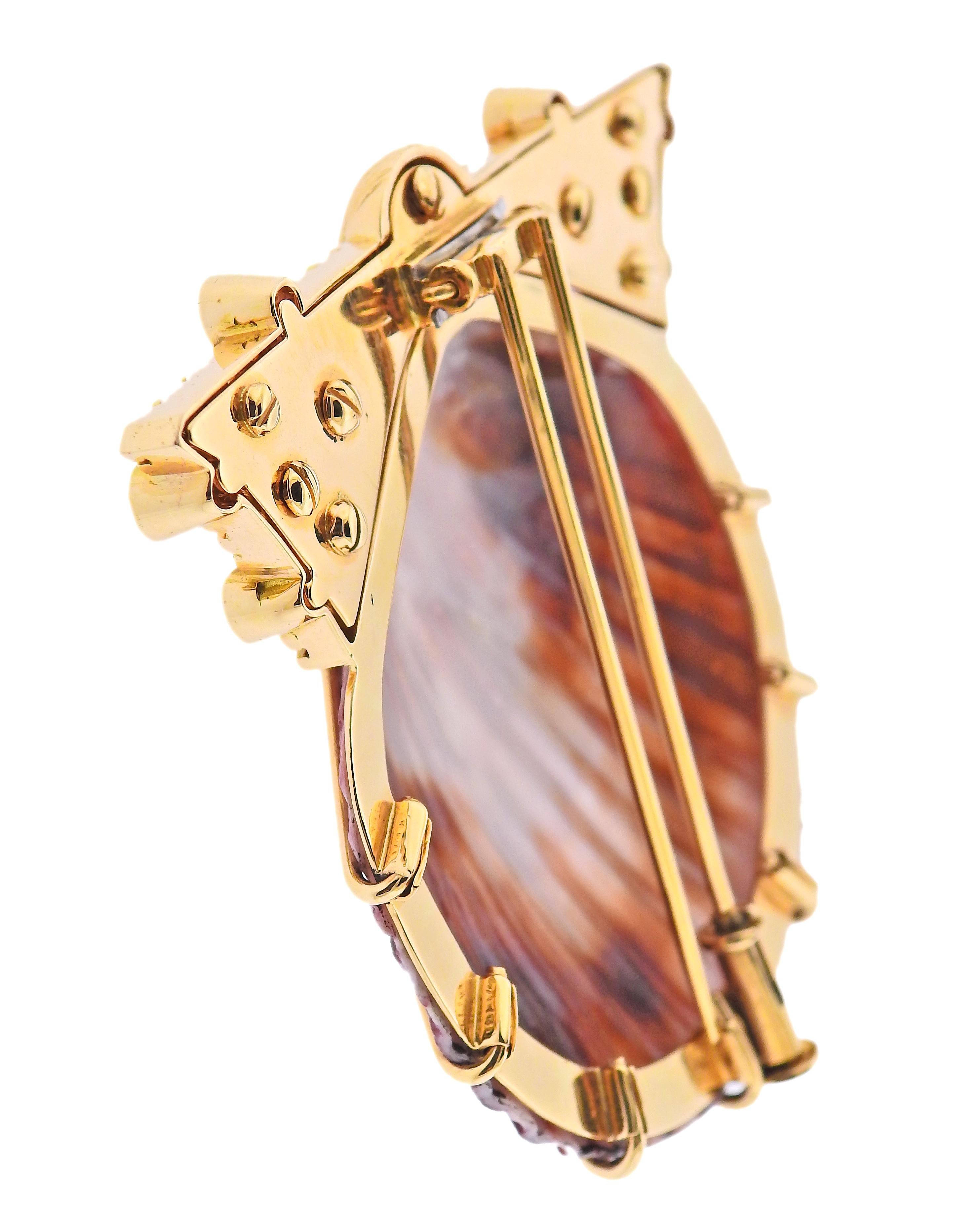 Oval Cut Diamond Ruby Shell Gold Brooch Pin For Sale