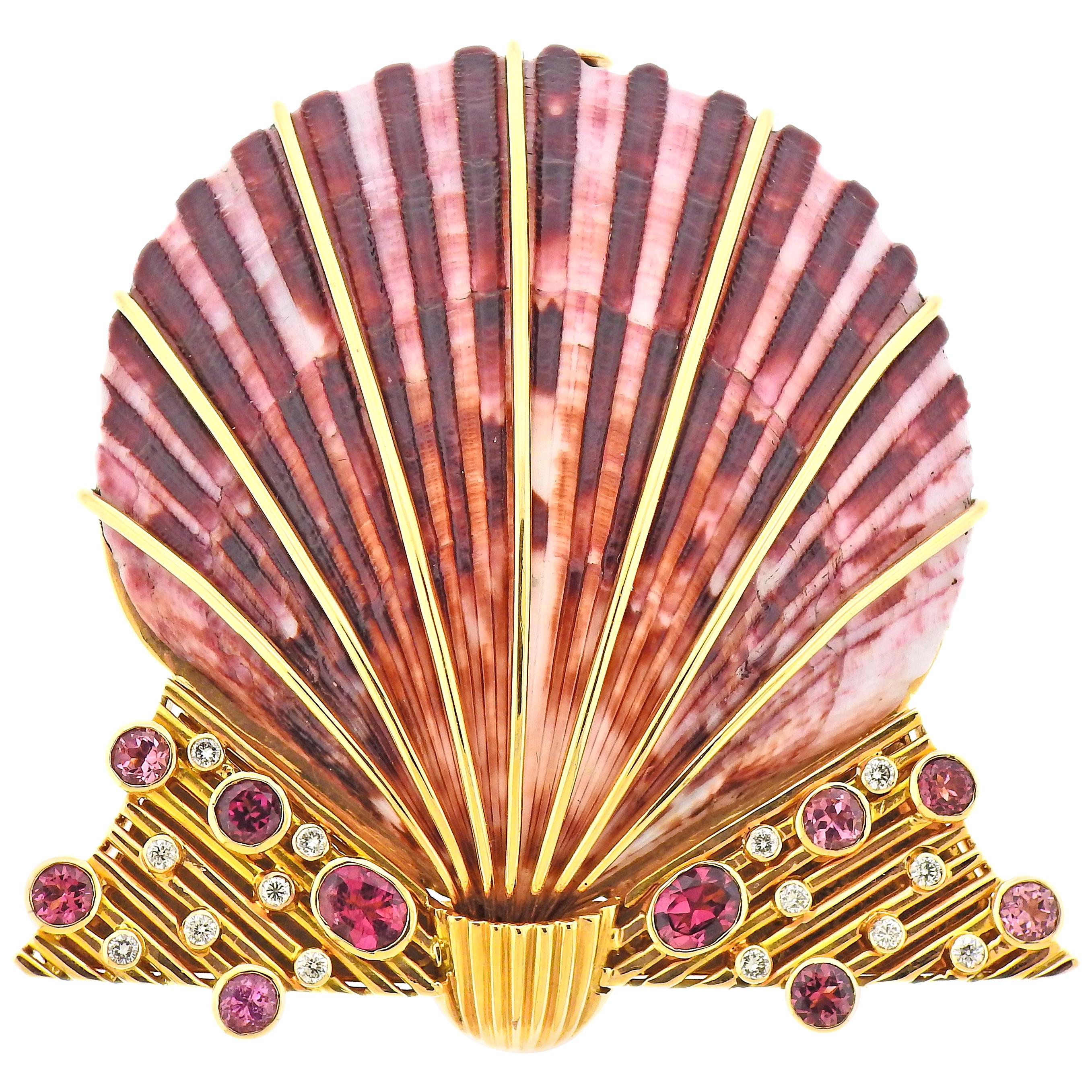 Diamond Ruby Shell Gold Brooch Pin For Sale