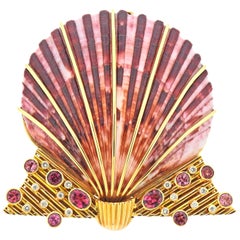 Vintage Diamond Ruby Shell Gold Brooch Pin