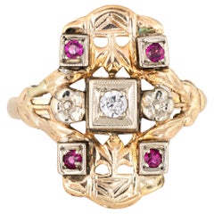 Diamond Ruby Shield Ring Vintage 14 Karat Yellow Gold Square Estate Fine Jewelry