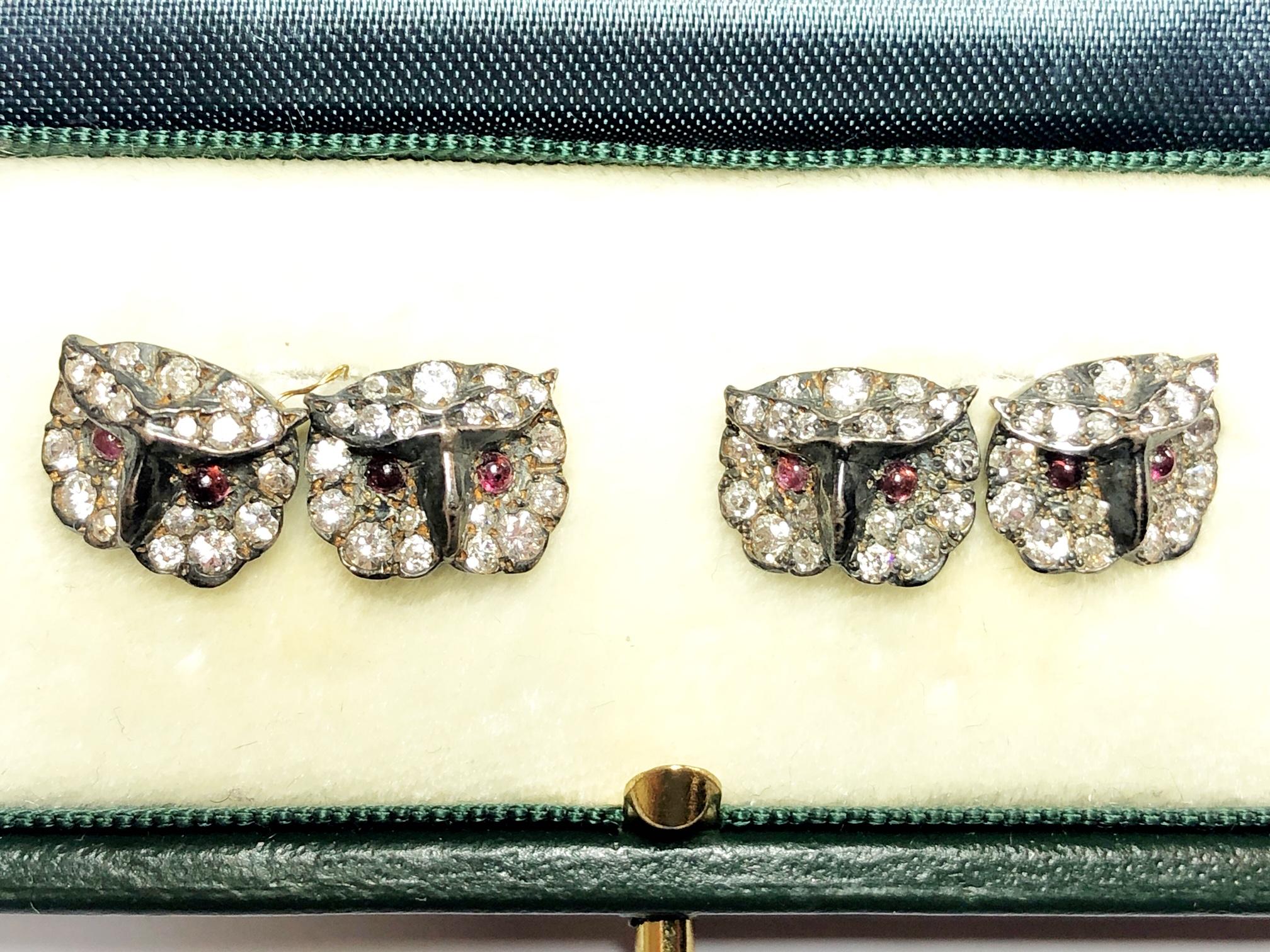 Diamond, Ruby, Silver and Gold Owl Cufflinks, circa 1970 In Good Condition For Sale In London, GB