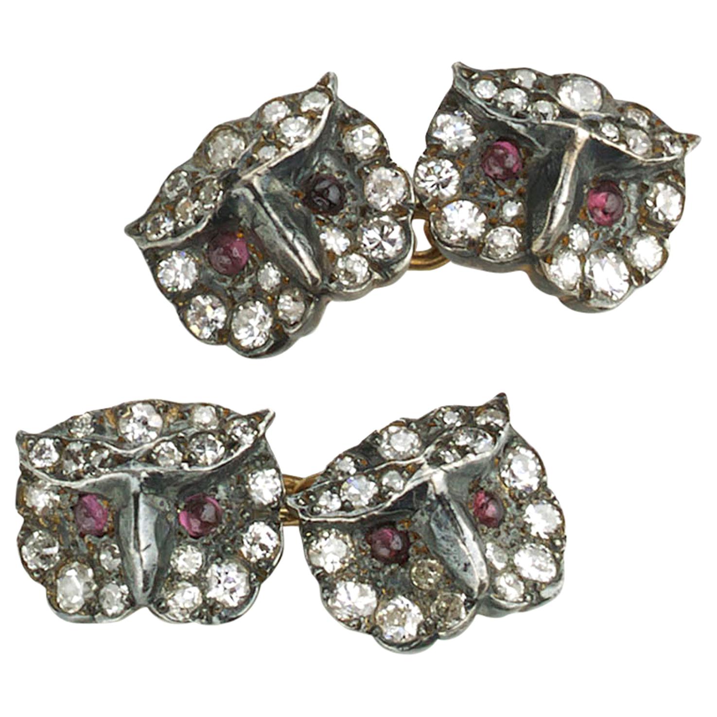 Diamond, Ruby, Silver and Gold Owl Cufflinks, Circa 1970 For Sale