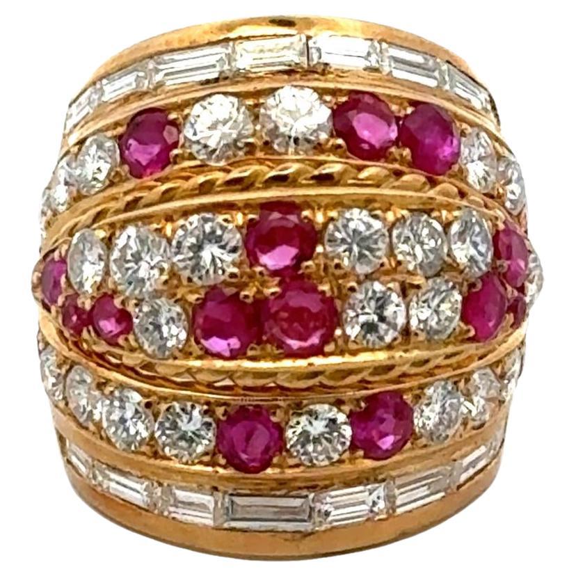 Diamond Ruby Six Row 18 Karat Yellow Gold Wide Band Ring