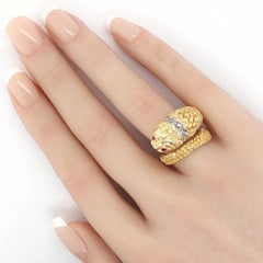 Diamond Ruby Snake Bypass Ring Greek Design 18K Yellow Gold Size 5.5