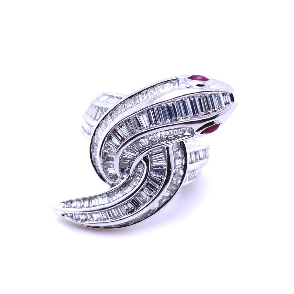 Modern Diamond Ruby Snake Ring 18 Karat White Gold For Sale