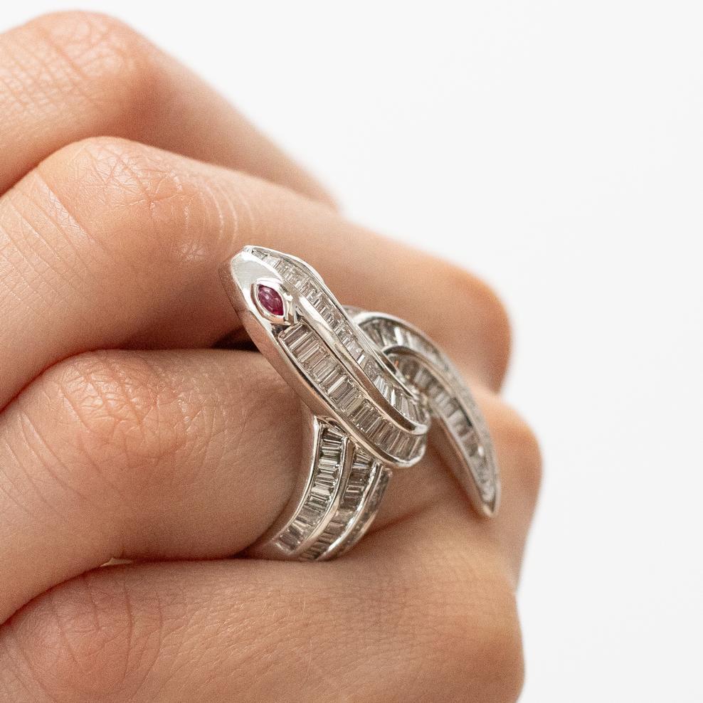 Baguette Cut Diamond Ruby Snake Ring 18 Karat White Gold For Sale
