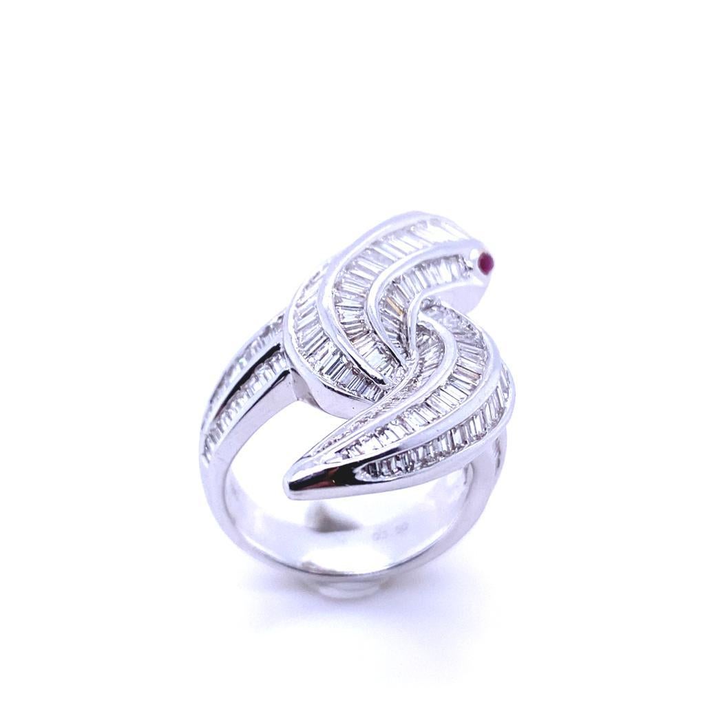 Women's Diamond Ruby Snake Ring 18 Karat White Gold For Sale