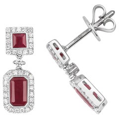 DIAMOND & RUBY SQUARE AND OCTAGON CLUSTER DROPS IN 9CT WEISSEN Gold