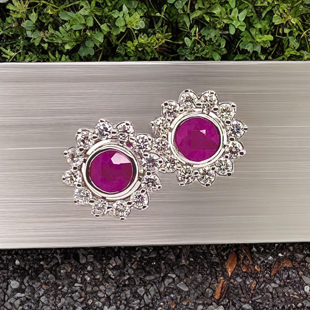Diamond Ruby Stud Earrings 14 Karat White Gold 1.87 TCW Certified For Sale 5