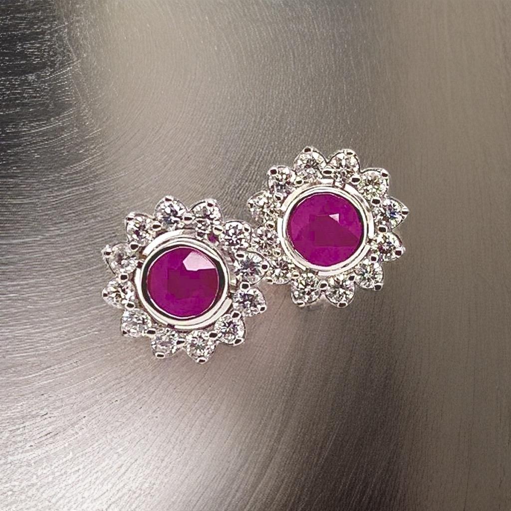 Diamond Ruby Stud Earrings 14 Karat White Gold 1.87 TCW Certified For Sale 7
