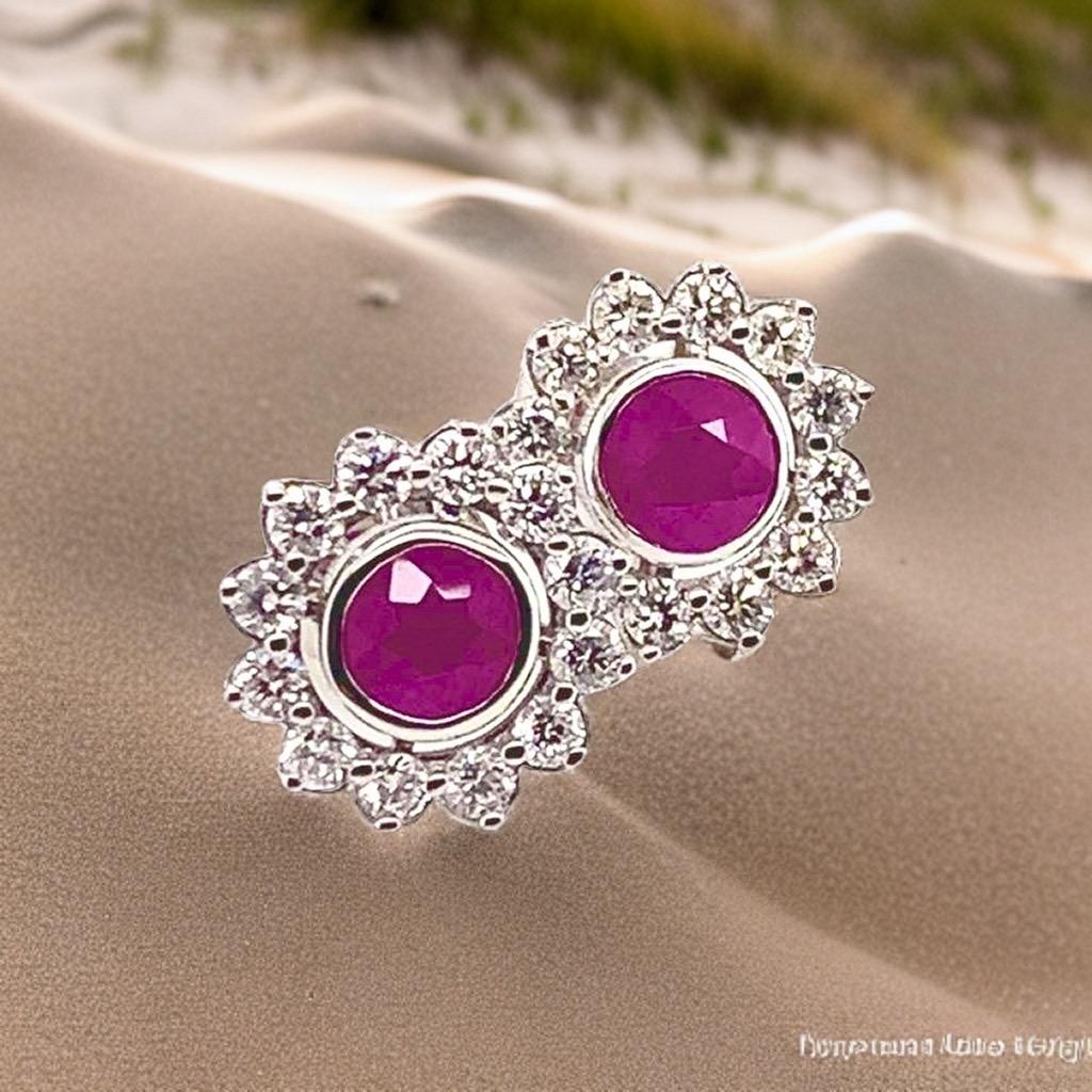 Diamond Ruby Stud Earrings 14 Karat White Gold 1.87 TCW Certified For Sale 8