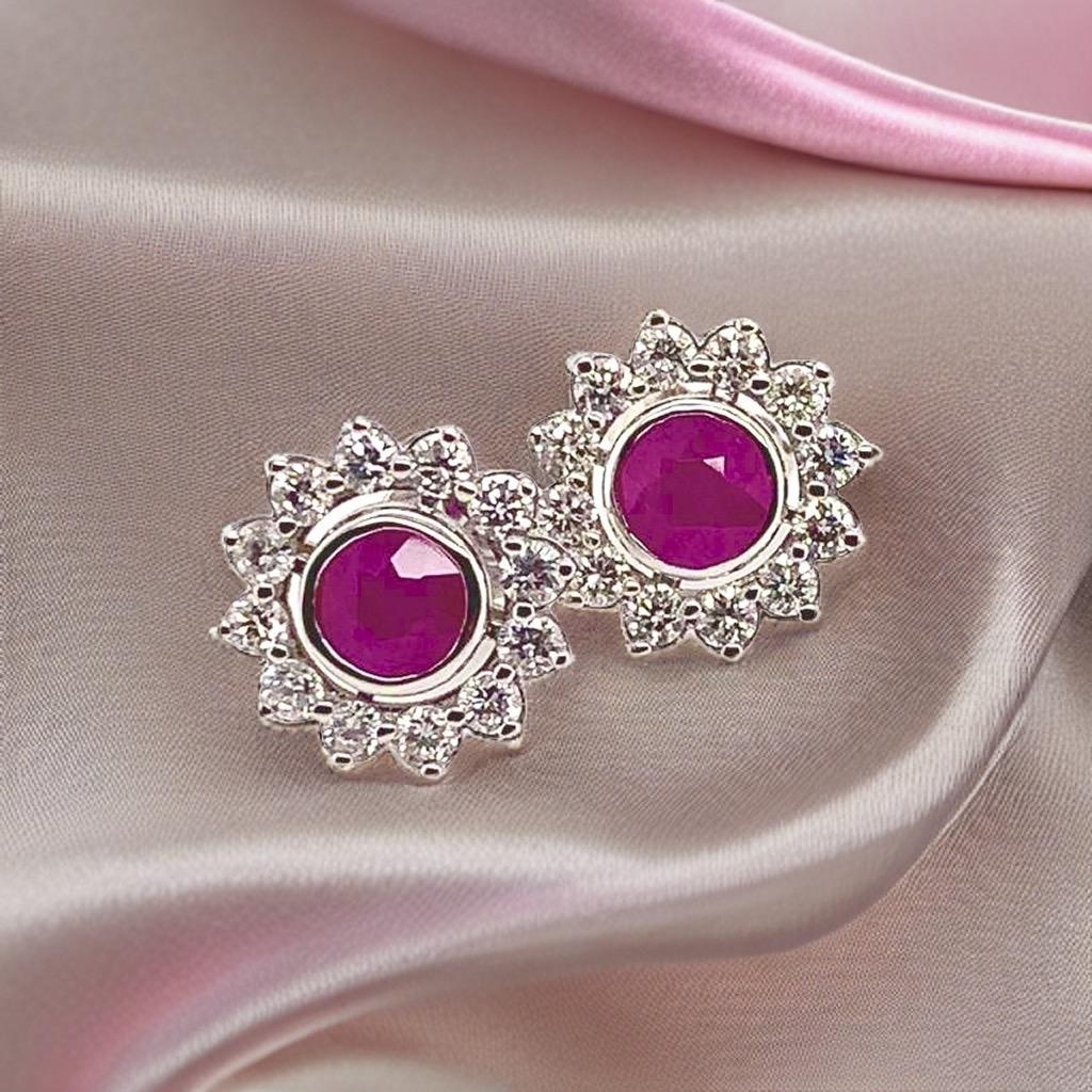 Diamond Ruby Stud Earrings 14 Karat White Gold 1.87 TCW Certified For Sale 10