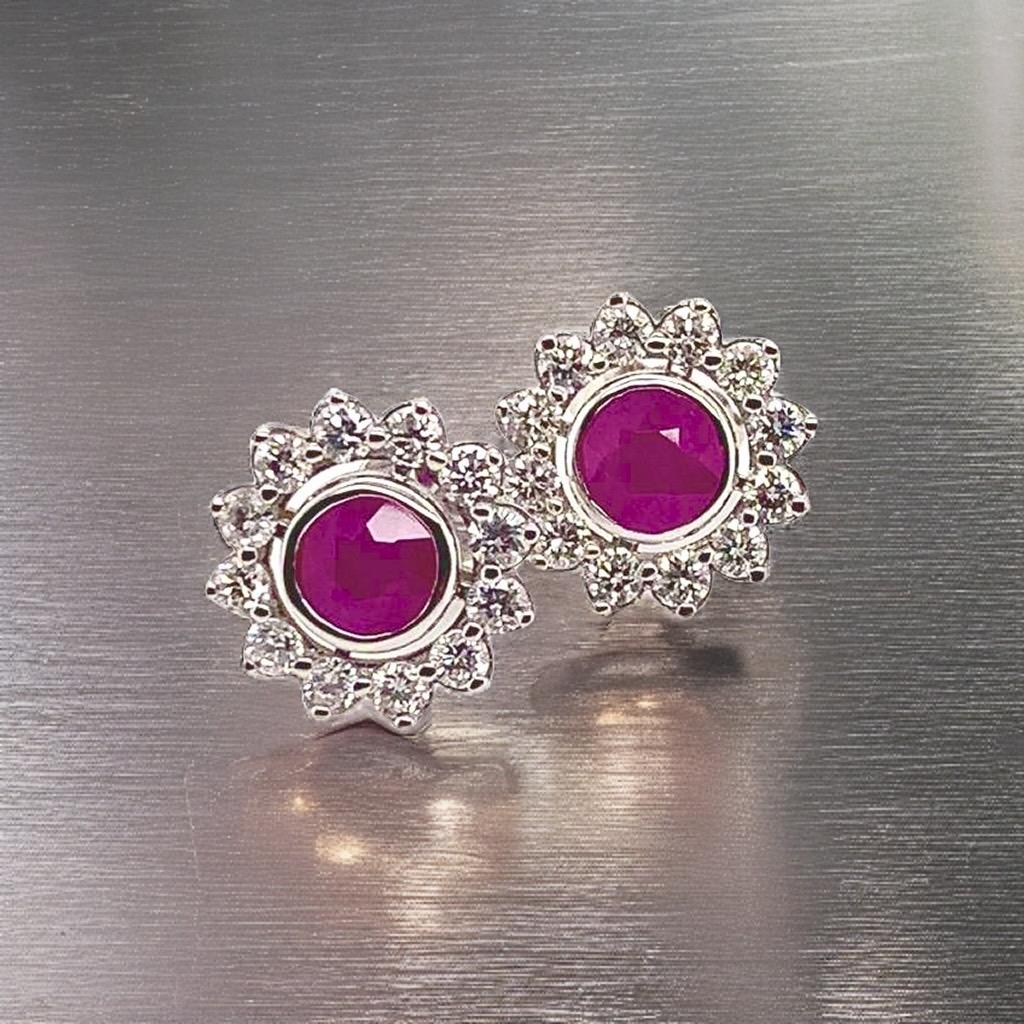 Diamond Ruby Stud Earrings 14 Karat White Gold 1.87 TCW Certified For Sale 12