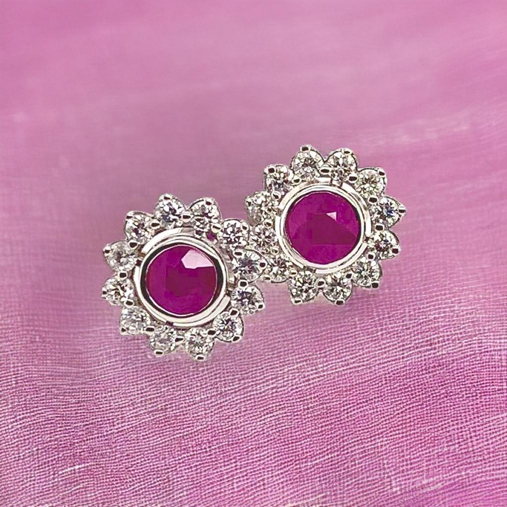 Round Cut Diamond Ruby Stud Earrings 14 Karat White Gold 1.87 TCW Certified For Sale