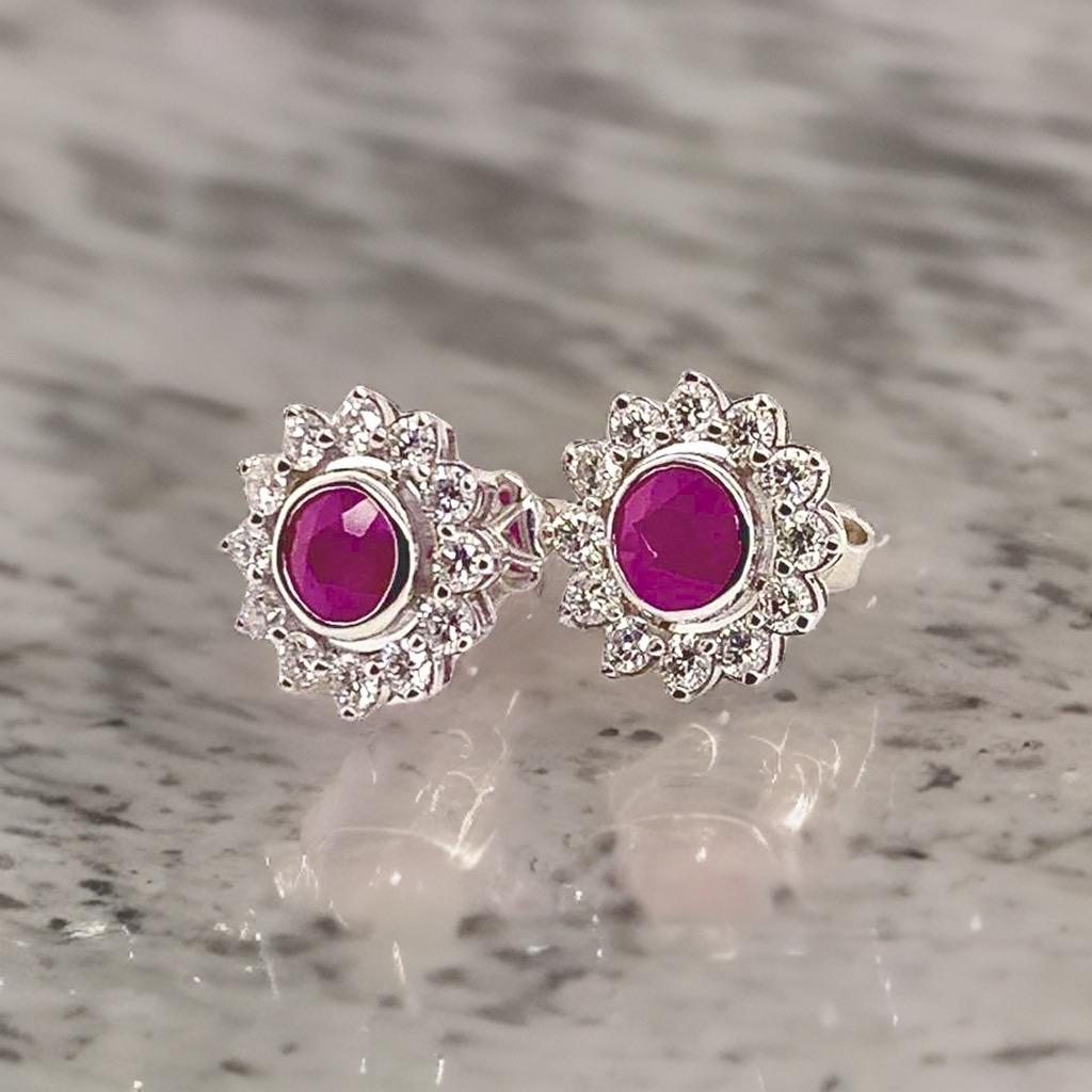 Women's Diamond Ruby Stud Earrings 14 Karat White Gold 1.87 TCW Certified For Sale