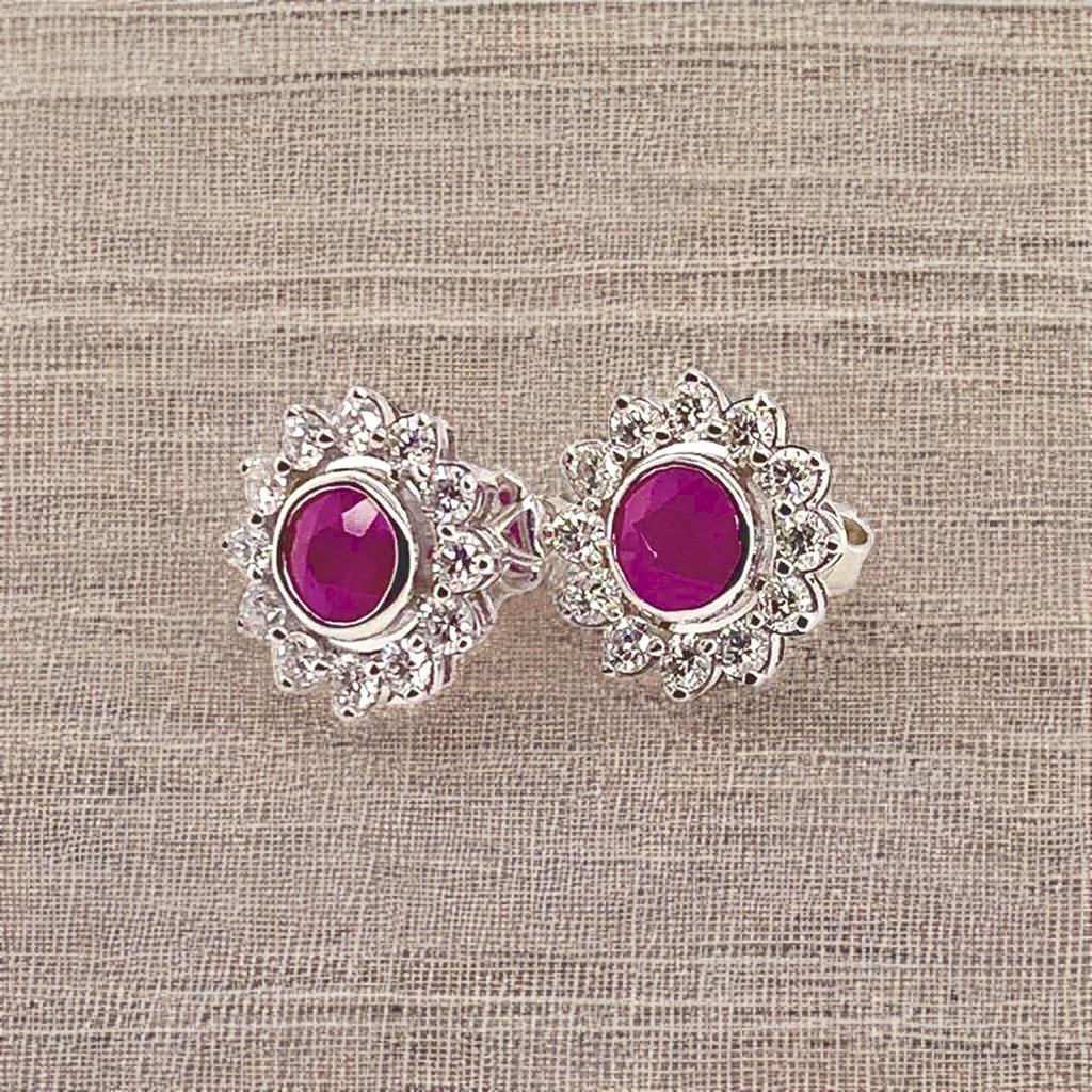 Diamond Ruby Stud Earrings 14 Karat White Gold 1.87 TCW Certified For Sale 2