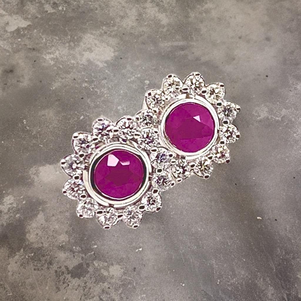 Diamond Ruby Stud Earrings 14 Karat White Gold 1.87 TCW Certified For Sale 3