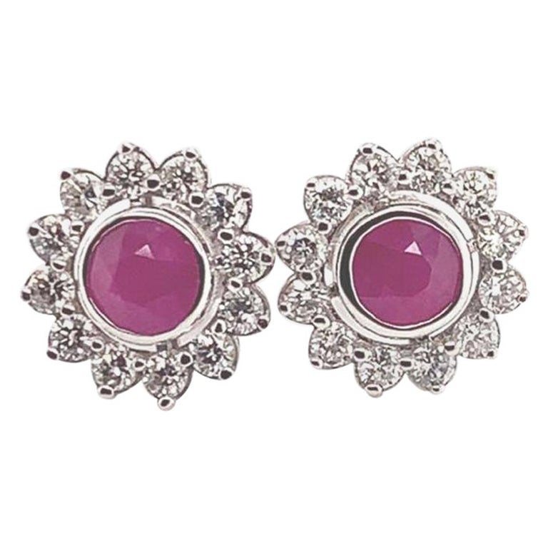 Clous d'oreilles en or blanc 14 carats avec diamants et rubis certifiés TCW 1,87 carat