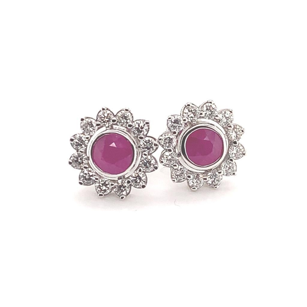 Diamond Ruby Stud Earrings 14 Karat White Gold 1.87 TCW Certified In New Condition For Sale In Brooklyn, NY