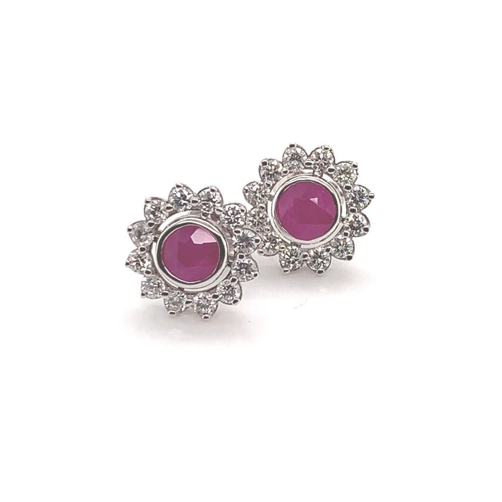 Diamond Ruby Stud Earrings 14 Karat White Gold 1.87 TCW Certified For Sale 4