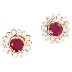 Diamond Ruby Stud Earrings 14 Karat Yellow Gold 2.07 Carat Certified