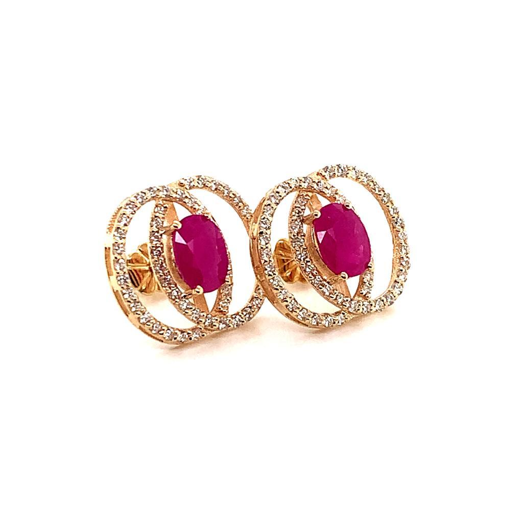 Women's Diamond Ruby Stud Earrings 14 Karat Yellow Gold 2.41 TCW Certified For Sale