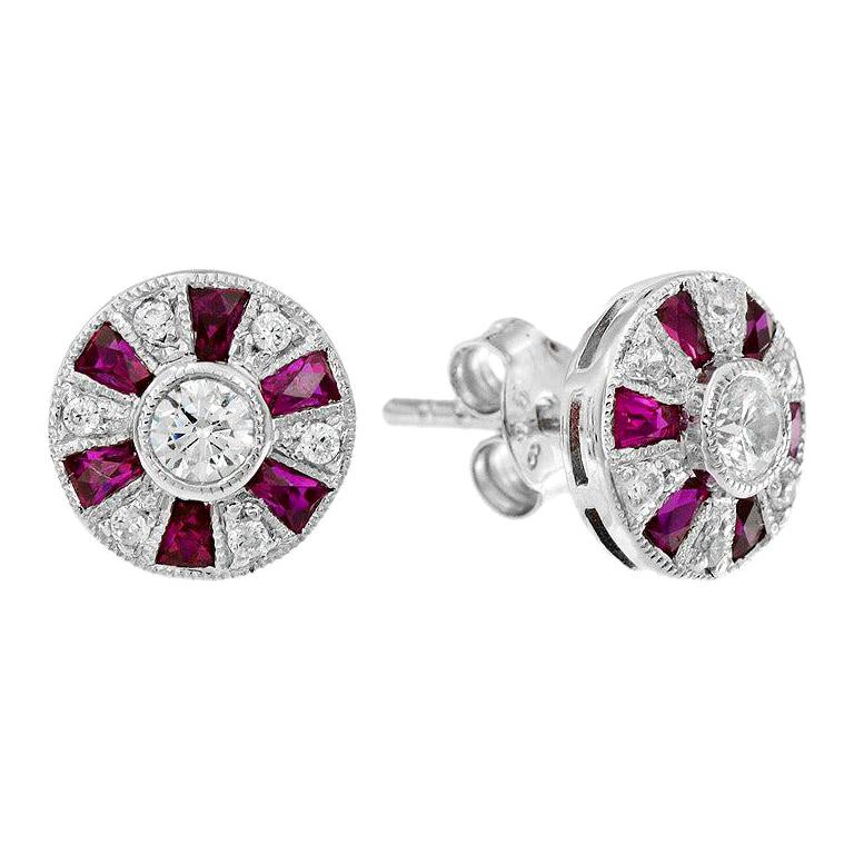 Ferris Wheel French Cut Ruby and Diamond Stud Earrings in 18K White Gold For Sale