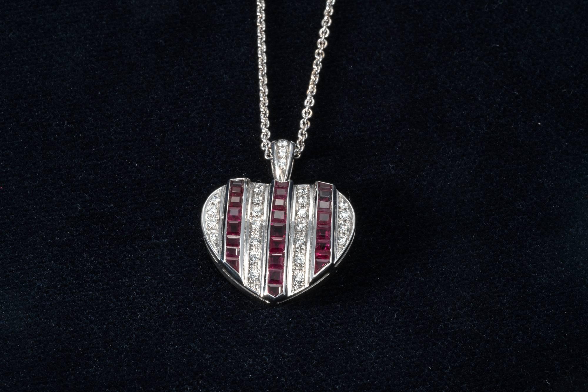 Diamond Ruby Studded 18K White Gold Heart Pendant Necklace Enhancer For Sale 6