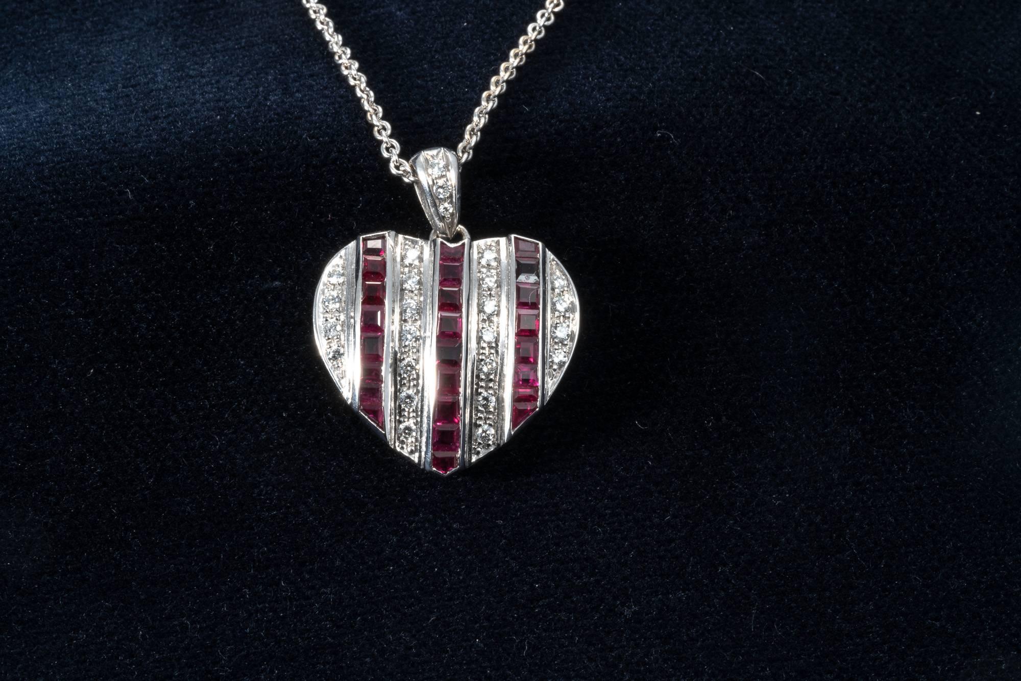 Diamond Ruby Studded 18K White Gold Heart Pendant Necklace Enhancer For Sale 7