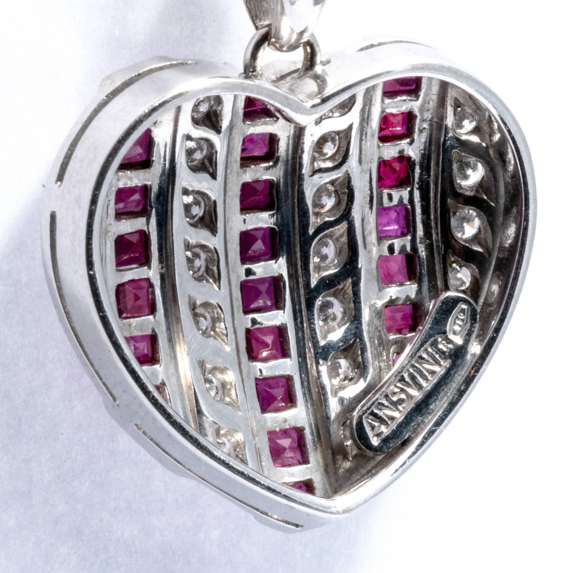 Diamond Ruby Studded 18K White Gold Heart Pendant Necklace Enhancer For Sale 8