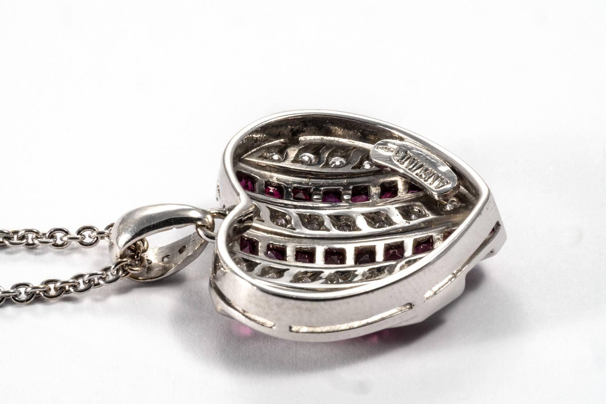 Diamond Ruby Studded 18K White Gold Heart Pendant Necklace Enhancer For Sale 9