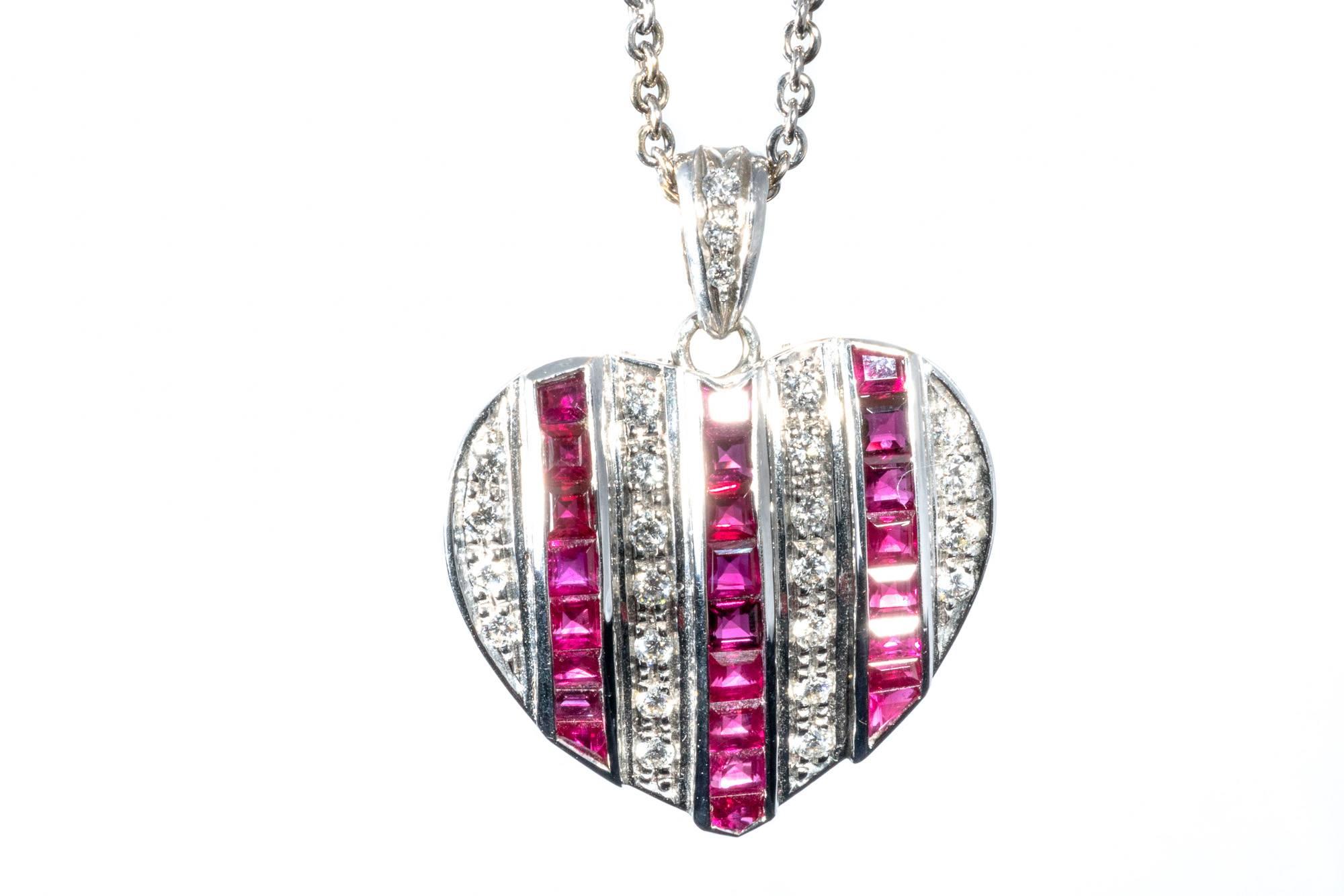Women's or Men's Diamond Ruby Studded 18K White Gold Heart Pendant Necklace Enhancer For Sale