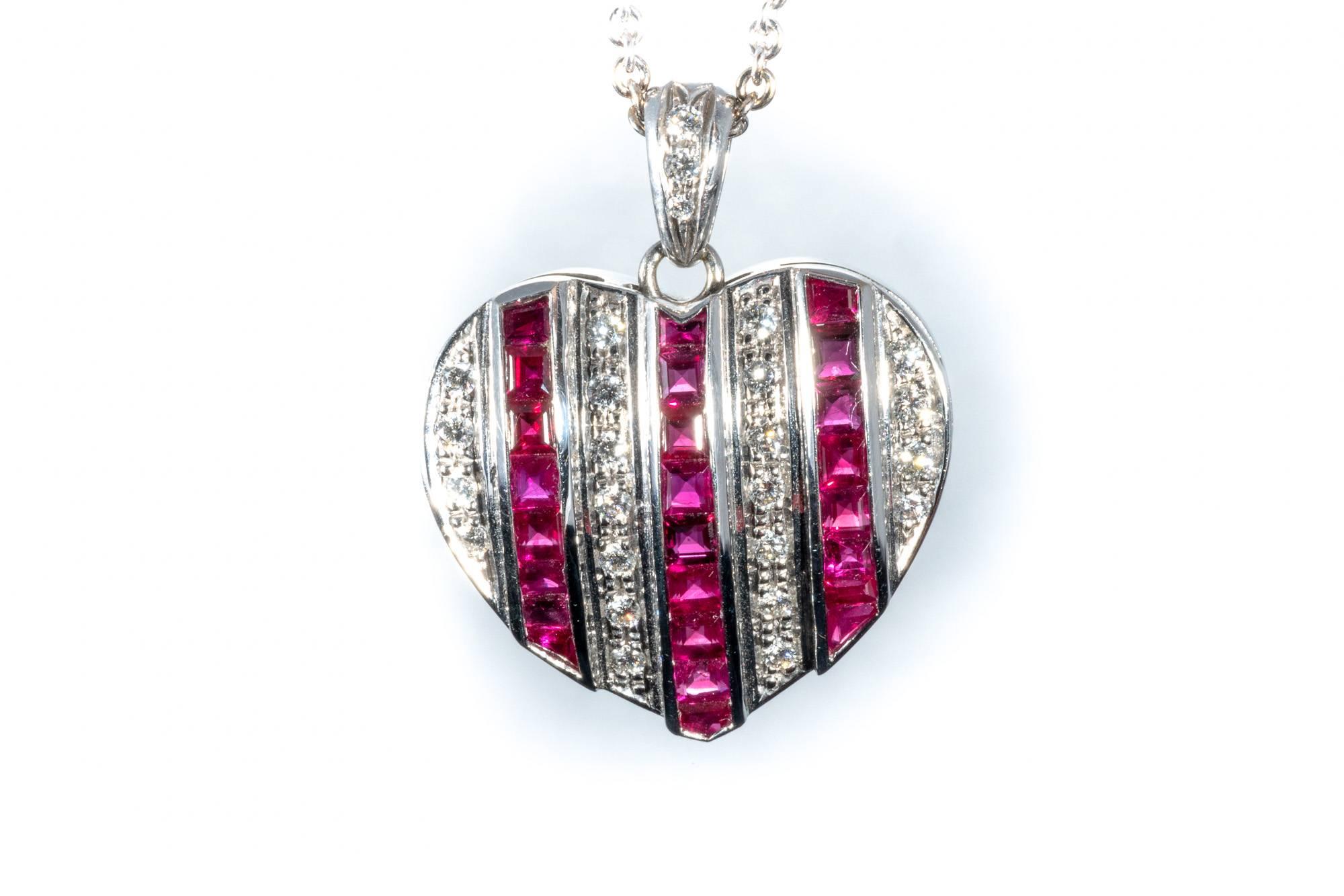 Diamond Ruby Studded 18K White Gold Heart Pendant Necklace Enhancer For Sale 1