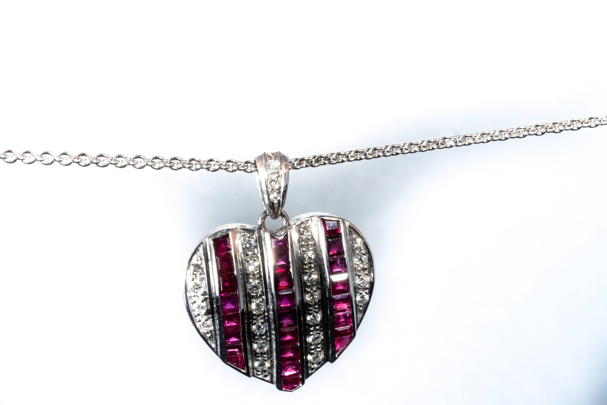 Diamond Ruby Studded 18K White Gold Heart Pendant Necklace Enhancer For Sale 3