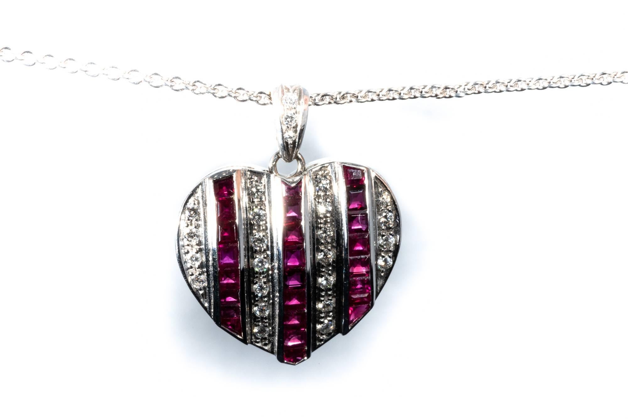 Diamond Ruby Studded 18K White Gold Heart Pendant Necklace Enhancer For Sale 4