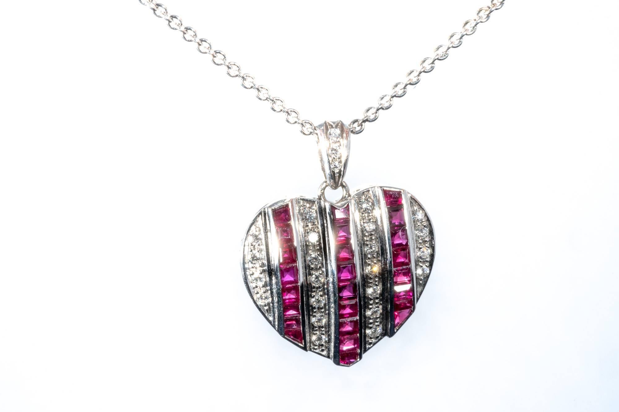 Diamond Ruby Studded 18K White Gold Heart Pendant Necklace Enhancer For Sale 5