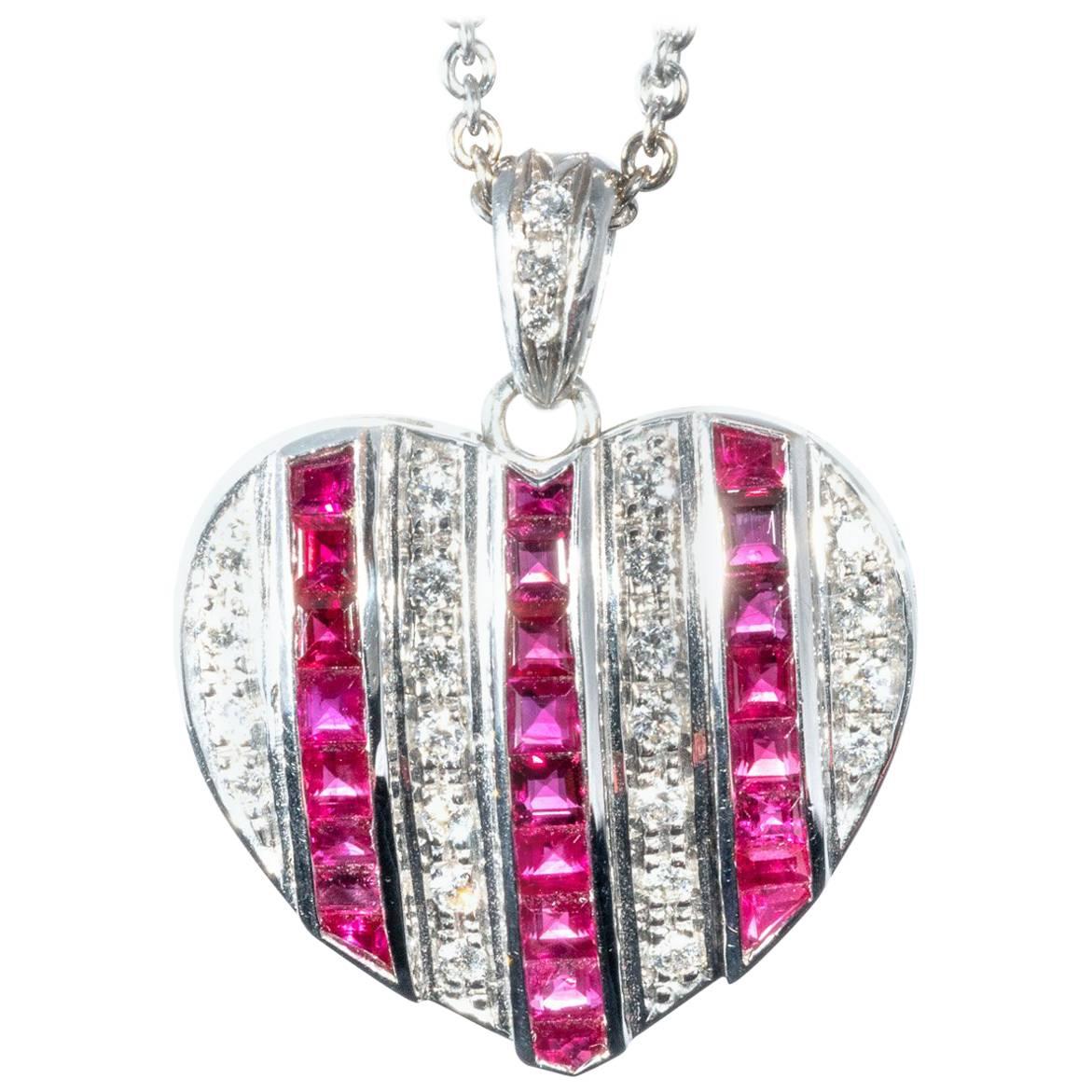 Diamond Ruby Studded 18K White Gold Heart Pendant Necklace Enhancer For Sale