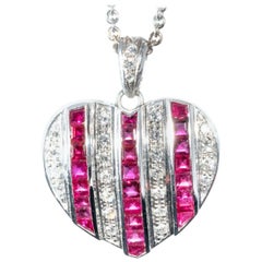 Diamond Ruby Studded 18K White Gold Heart Pendant Necklace Enhancer