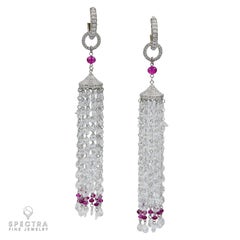 Diamond Ruby Tassel Earrings in Platinum, 15.56ct, Modern Design